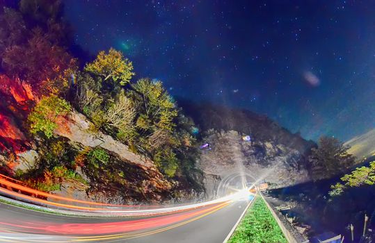 The Craggy Pinnacle Tunnel, on the Blue Ridge Parkway in North Carolina at night