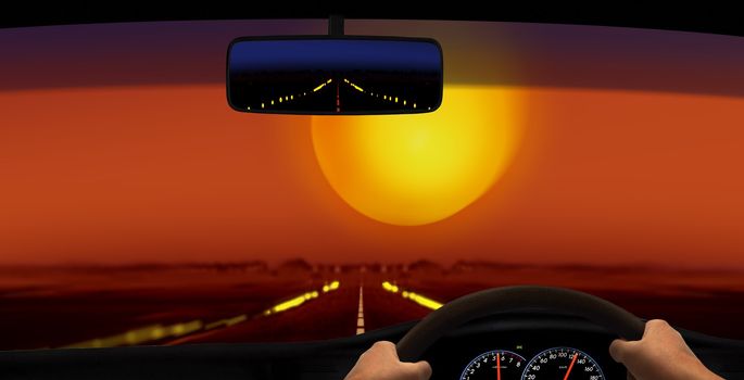 Driving in the Desert During Sunset