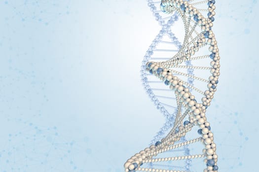 DNA model on blue gradient background with wire-frame spheres