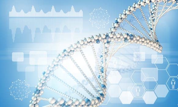 DNA model. Graphs, hexagons and wire-frame spheres as backdrop