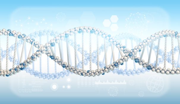 DNA model. Graphs and wire-frame spheres as backdrop