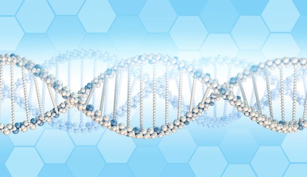 DNA model with hexagons on blue background