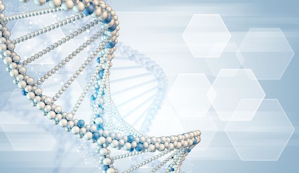 DNA model with hexagons on blue background