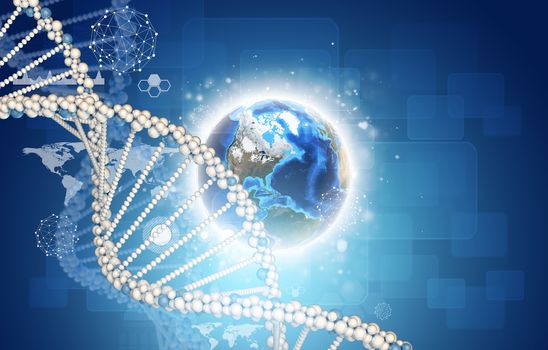 DNA model with Earth. Rectangles and graphs as backdrop. Element of this image furnished by NASA