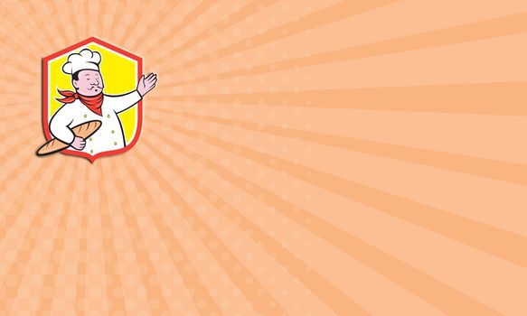 Business card showing illustration of a chef cook baker holding baguette bread set inside shield crest on isolated background done in cartoon style
