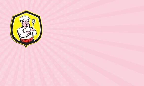 Business card showing illustration of a chef cook holding spatula facing front set inside shield crest done in cartoon style on isolated background. 
