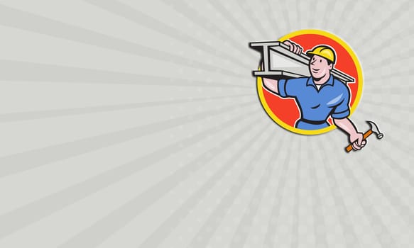 Business card showing illustration of construction steel worker carpenter carrying i-beam girder on shoulder set inside circle on isolated white background done in cartoon style.