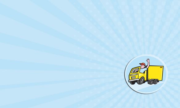Business card showing illustration of a delivery truck lorry with driver waving done in cartoon style on isolated background