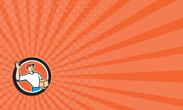 Business card showing illustration of a delivery man worker waving okay sign delivering carrying parcel package carton box set inside circle on isolated background done in cartoon style.
