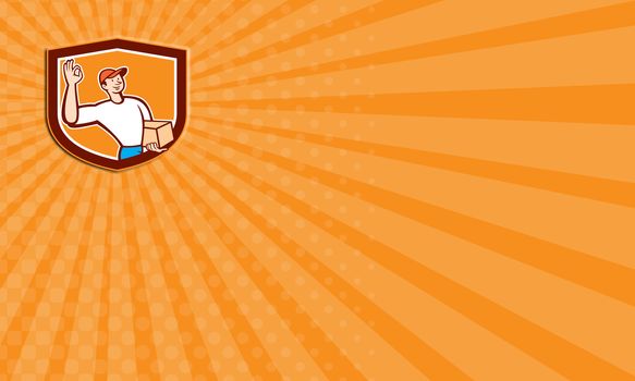 Business card showing illustration of a delivery man worker okay sign delivering carrying parcel package carton box set inside shield crest on isolated background done in cartoon style.