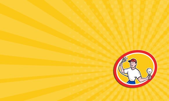 Business card showing illustration of an electrician worker holding an electric plug on one hand and a light bulb in the other facing front set inside circle on isolated background done in cartoon style.