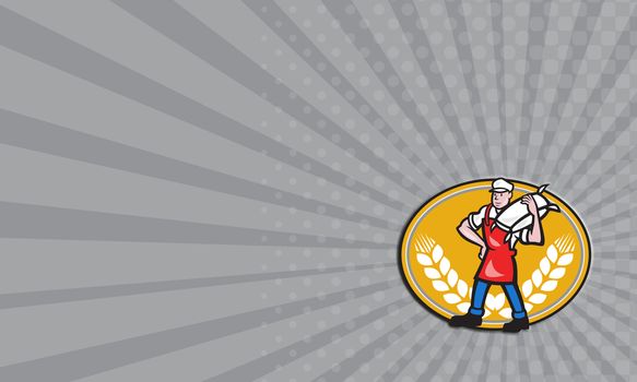 Business card showing illustration of a flour miller worker wearing apron bib carrying flour sack on shoulder set inside oval with wheat stalk crossed in background done in cartoon style.