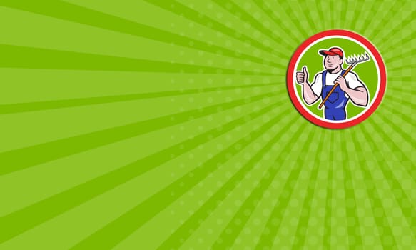 Business card showing illustration of gardener organic farmer holding rake facing front with thumbs up set inside circle on isolated background done in cartoon style.