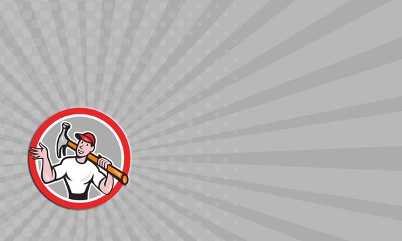Business card showing illustration of a carpenter builder construction worker with hammer in one hand and spanner wrench in the other looking to side set inside shield done in cartoon style.