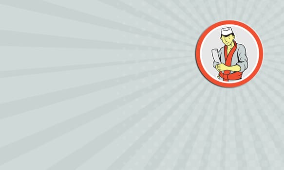 Business card showing illustration of a Japanese butcher cutter worker with meat cleaver knife facing side set inside circle on isolated background done in cartoon style.