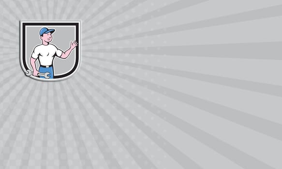 Business card showing illustration of a mechanic holding spanner wrench and waving hand set inside shield crest on isolated background done in cartoon style.