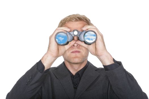 businessman in suit looking through binoculars reflecting sky- isolated on white