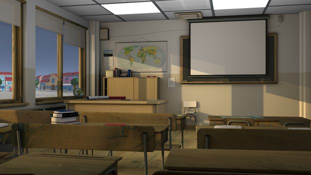 Class room three-dimensional rendering of the interior with the use of global illumination