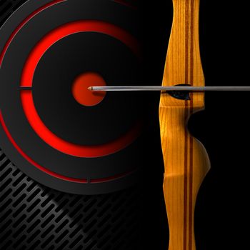 Detail of a sports wooden bow and arrow on black background with black and red target
