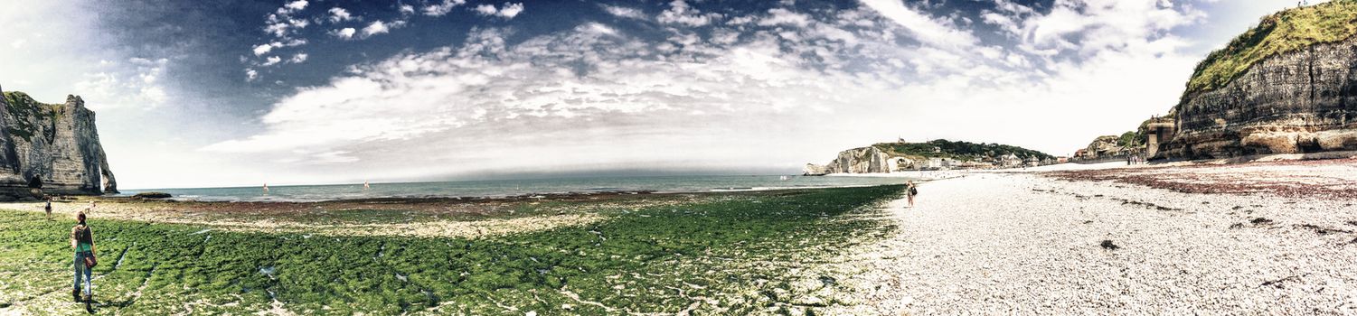 Panoramic view of Etretat famous cliffs, Normandy - France.