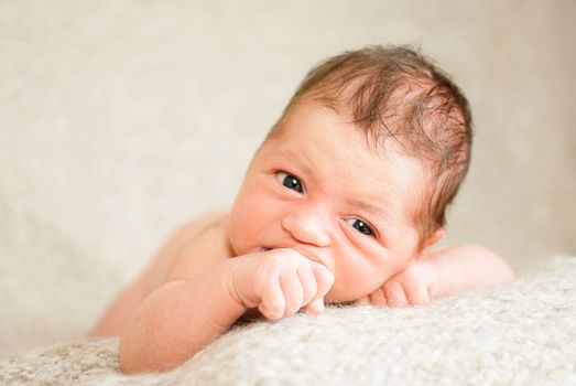 Little newborn caucasian baby boy 20 days