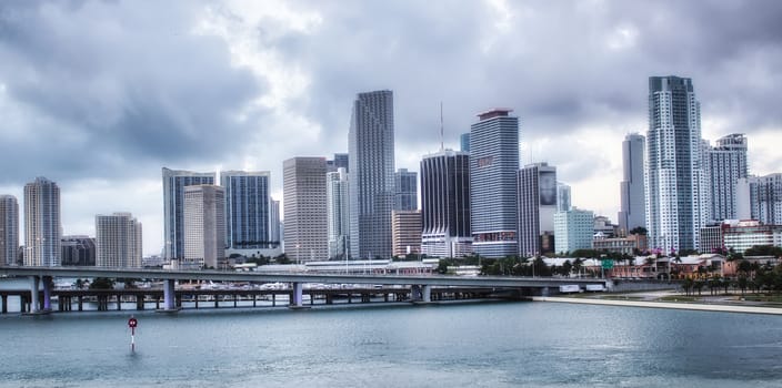 Miami city skyline panorama with urban skyscrapers.