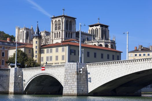 Famous view of Lyon with Saone river, cathedral and bridge