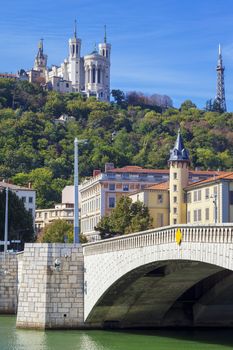 Famous view of Lyon with Saone river, basilica and bridge