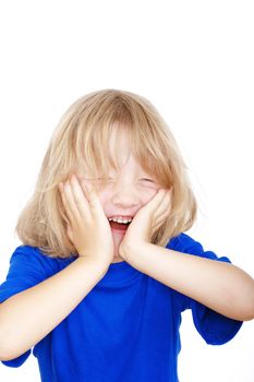 boy with long blond hair in blue top laughing - isolated on white