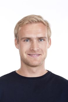 portrait of a young man with blond hair and blue eyes - isolated on white