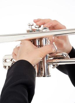 Closeup of Trumpet Player Playing - Isolated on White