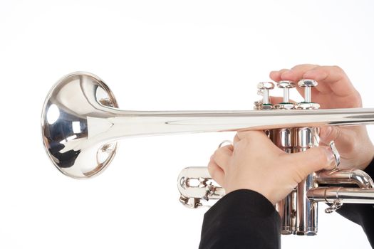 Closeup of Trumpet Player Playing - Isolated on White