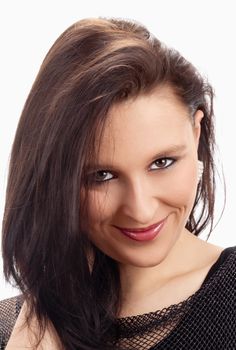 Portrait of Young Woman with Brown Hair Smiling - Isolated on White