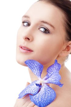 Portrait of a Beautiful Young Woman with Orchid - Isolated on White