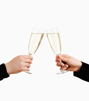 Two Hands Holding Glasses of Champagne Toasting - Isolated on White