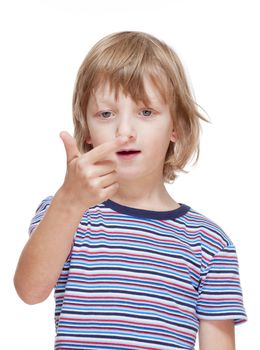 Boy Counting on Fingers of his Hand - Isolated on White