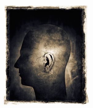 Grainy and gritty image of a man's head with ear in spotlight.
