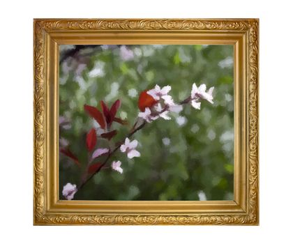 Mapping oil, which depicts a branch with a flower in a golden frame on a white background