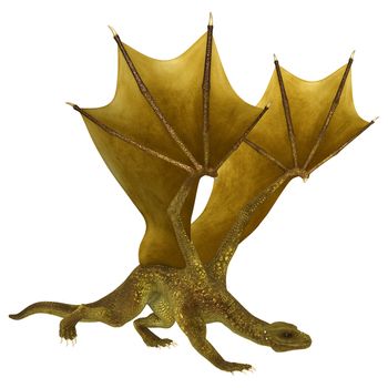 3D digital render of a golden fantasy dragon isolated on white background