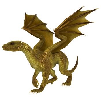 3D digital render of a golden fantasy dragon isolated on white background