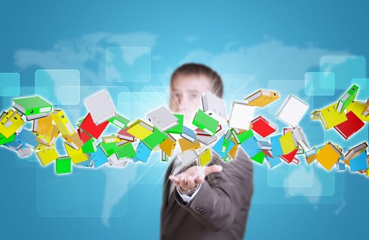 Businessman in suit hold flow of office folders on background of world map and rectangles
