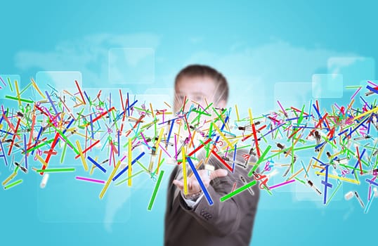 Businessman in suit hold flow of stationery on background of world map and rectangles