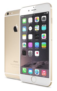 Galati, Romania - September 18, 2014: Apple Gold iPhone 6 Plus showing the home screen with iOS 8.The new iPhone with higher-resolution 4.7 and 5.5-inch screens, improved cameras, new sensors, a dedicated NFC chip for mobile payments. Apple released the iPhone 6 and iPhone 6 Plus on September 9, 2014.