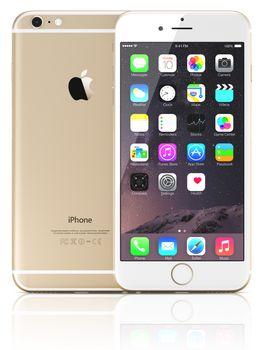 Galati, Romania - September 18, 2014: Apple Gold iPhone 6 Plus showing the home screen with iOS 8.The new iPhone with higher-resolution 4.7 and 5.5-inch screens, improved cameras, new sensors, a dedicated NFC chip for mobile payments. Apple released the iPhone 6 and iPhone 6 Plus on September 9, 2014.