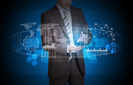 Businessman in suit hold empty copy space. Transparent rectangles, network and world map