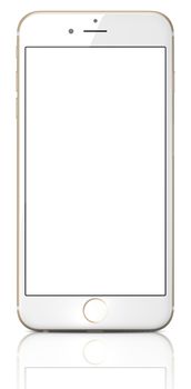 Galati, Romania - September 18, 2014: Apple Gold iPhone 6 Plus with white blank screen.The new iPhone with higher-resolution 4.7 and 5.5-inch screens, improved cameras, new sensors, a dedicated NFC chip for mobile payments. Apple released the iPhone 6 and iPhone 6 Plus on September 9, 2014.