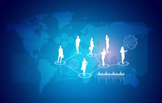 World map with businesswoman silhouettes. Blue gradient background