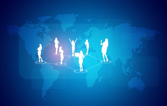 World map with business people silhouettes. Blue gradient background