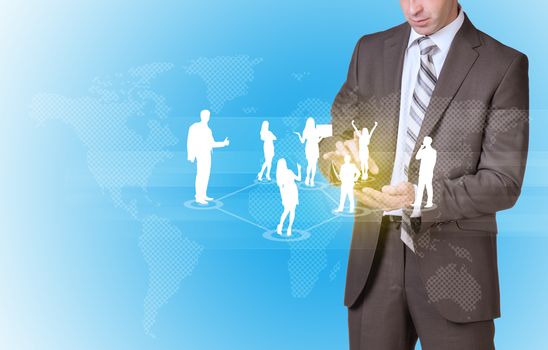 Businessman in suit hold empty copy space. Business people silhouettes with world map
