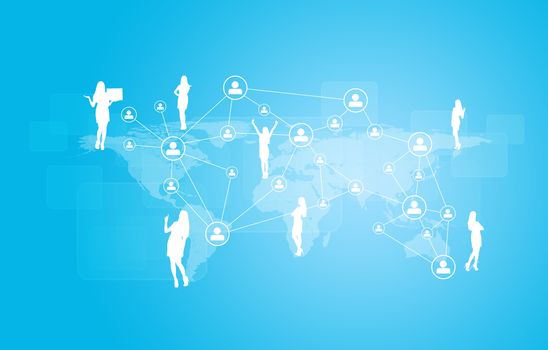 World map with businesswoman silhouettes. Blue gradient background